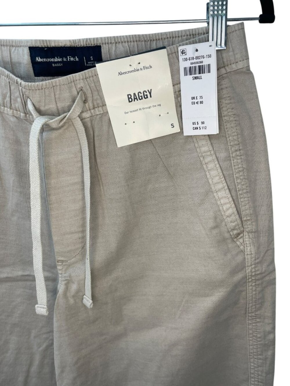 Abercrombie & Fitch Baggy Fit Beige Drawstring Pants Men's Sz S 29x29 $90 NWT - Picture 2 of 8